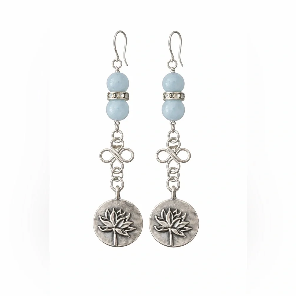 Lotus Rising Aquamarine Gemstone Earrings – Artisan Silver Drop - Picture 1 of 5
